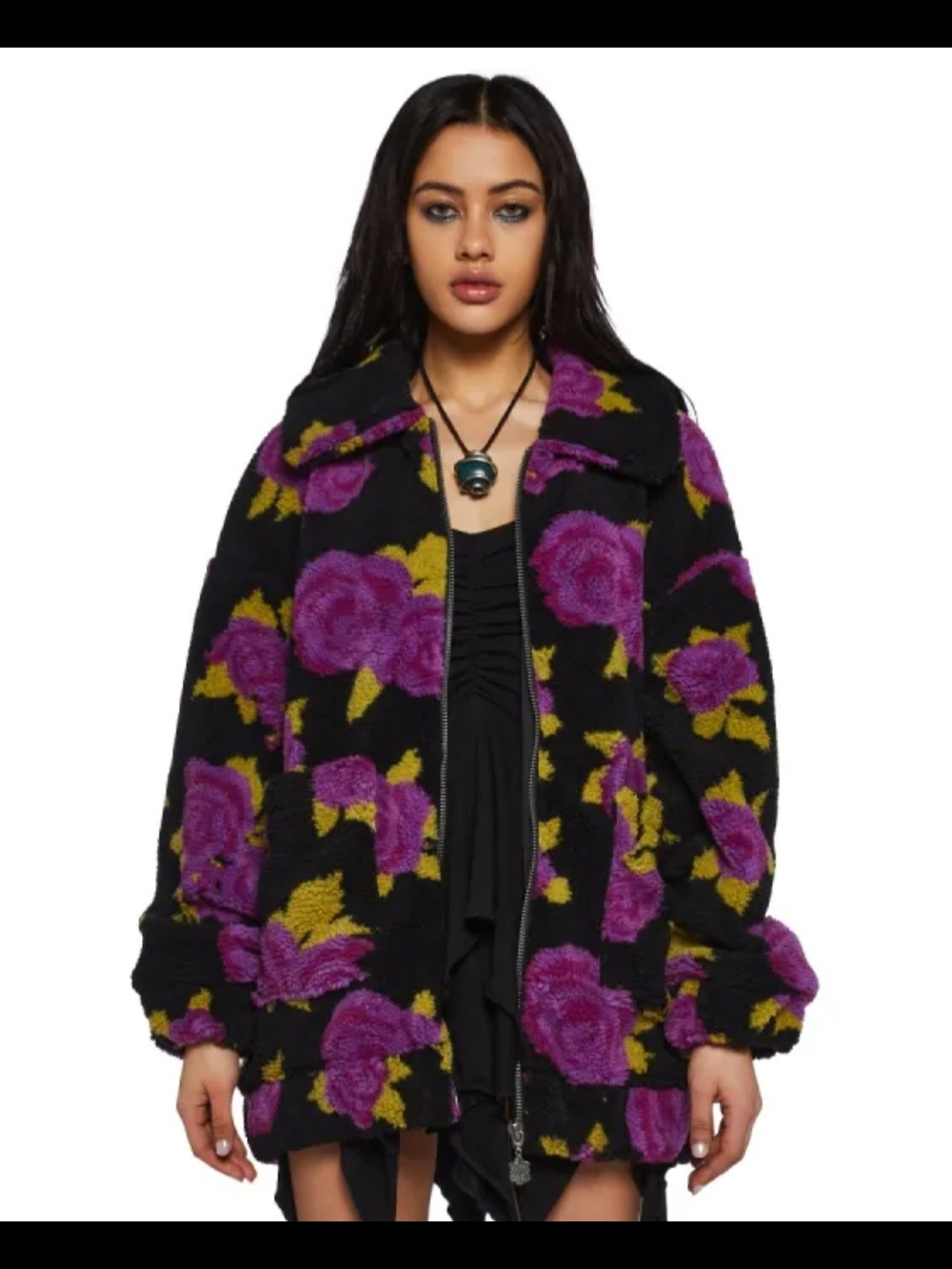 Dolls Kill Black Teddy Jacket with Purple & Olive Floral Print